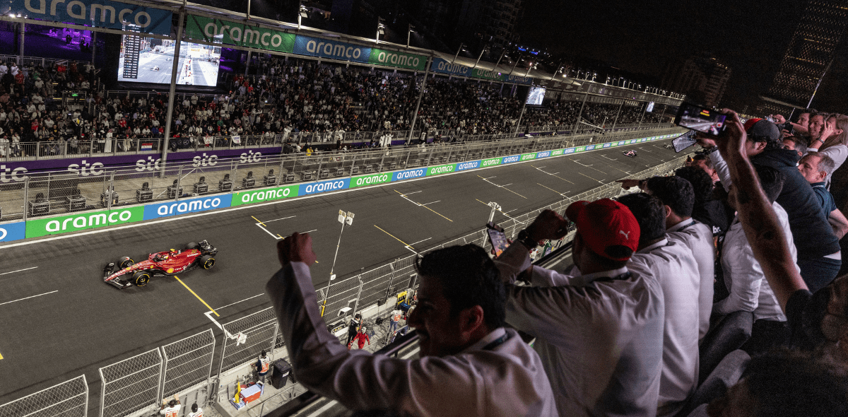 Charles Leclerc crosses the line at the Saudi Arabian F1 Grand Prix 