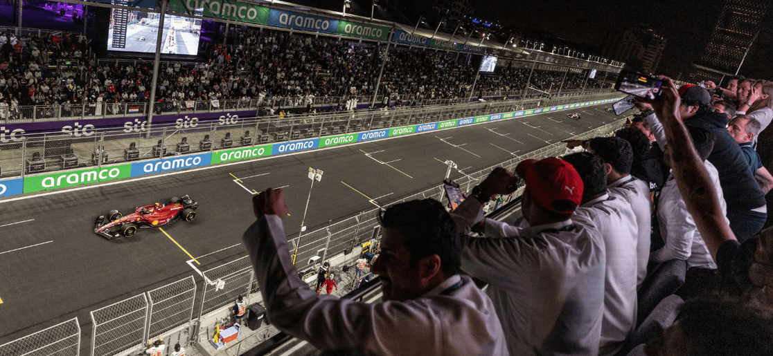 Charles Leclerc crosses the line at the Saudi Arabian F1 Grand Prix 