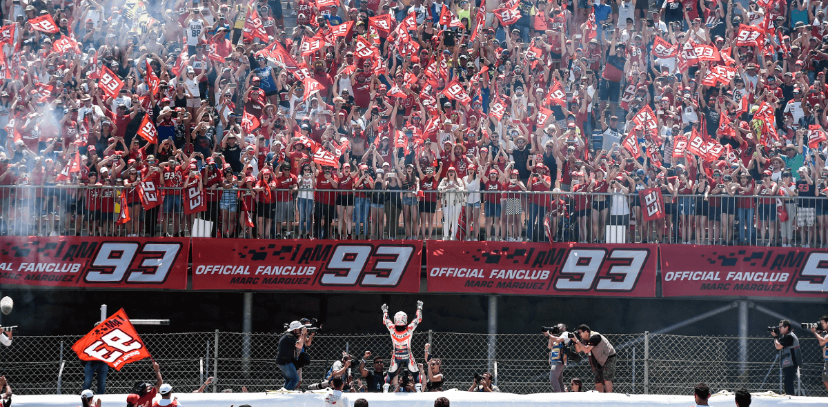 Marquez celebrates with fans at MotoGP Catalunya race