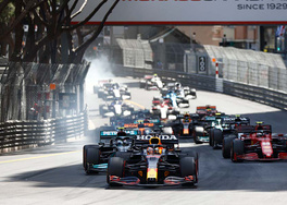 Max Verstappen leads for Red Bull Racing into turn 1 at the 2021 Monaco Grand Prix